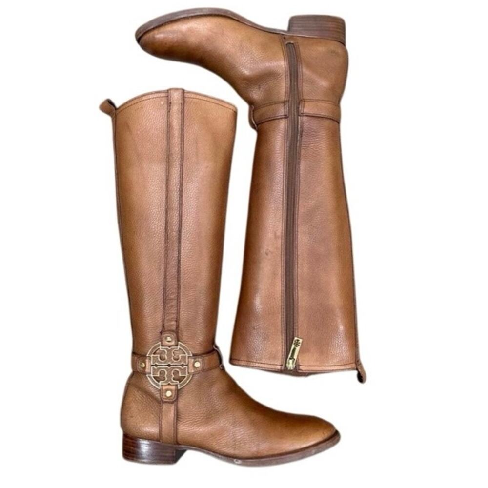 Tory Burch Amanda riding boots, brown pebbled leather, wrap-around ankle strap.